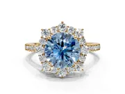 Halo Engagement Ring Setting for Fancy Blue Round Cut Center with Single-Row Pave, Open Basket and Prong Head in Yellow Gold