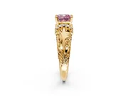 Solitaire Engagement Ring Setting for Fancy Pink Cushion Cut Center with Filigree Accent Basket and Prong Head in Yellow Gold