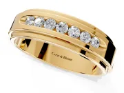 Round Cut Lab-Grown Diamond 7 Stone Channel Men's Wedding Band with Grooved Borders in Yellow Gold