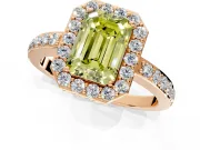 Halo Engagement Ring Setting for Fancy Yellow Emerald Cut Center with Heart-Shaped Openwork, Pave Band and Prong Head in Rose Gold