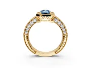Milgrain Halo Engagement Ring Setting for Fancy Blue Emerald Cut Center with Wide Pave Band and Prong Head in Yellow Gold
