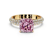Solitaire Engagement Ring Setting for Fancy Pink Cushion Cut Center with Domed Multi-Row Pave Band and Prong Head in Yellow Gold