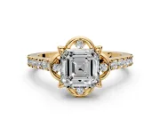 Floral Engagement Ring Setting for Asscher Cut Center with Pave Band and Floral Prong Head in Yellow Gold