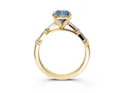 Baguette Engagement Ring Setting for Fancy Blue Cushion Cut Center with Alternating Bar-Set Band and Prong Head in Yellow Gold