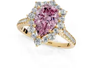 Halo Engagement Ring Setting for Fancy Pink Pear-Shaped Center with Single-Row Pave, Open Basket and Prong Head in Yellow Gold