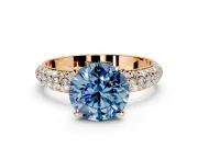 Solitaire Engagement Ring Setting for Fancy Blue Round Cut Center with Domed Multi-Row Pave Band and Prong Head in Rose Gold