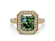 Halo Engagement Ring Setting for Fancy Green Radiant Cut Center with Milgrain Pave Band and Bezel Head in Yellow Gold