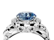 Halo Engagement Ring Setting for Fancy Blue Round Cut Center with Open Scroll Shoulders and Prong Head in Sterling Silver