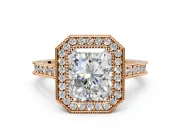 Halo Engagement Ring Setting for Radiant Cut Center with Milgrain Pave Band and Bezel Head in Rose Gold