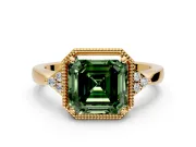 Cluster Engagement Ring Setting for Fancy Green Asscher Cut Center with Milgrain Shoulder Clusters and Prong Head in Yellow Gold