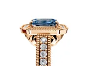 Milgrain Halo Engagement Ring Setting for Fancy Blue Emerald Cut Center with Pave Band and Prong Head in Rose Gold