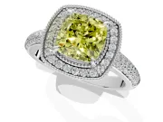 Milgrain Halo Engagement Ring Setting for Fancy Yellow Cushion Cut Center with Three-Sided Pave Band and Prong Head in Platinum