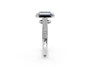 Milgrain Halo Engagement Ring Setting for Fancy Blue Asscher Cut Center with Three-Sided Pave Band and Prong Head in Platinum
