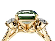 3 Stone Engagement Ring Setting for Fancy Green Asscher Cut Center with Crossover Basket, Pave Band and Prong Head in Yellow Gold