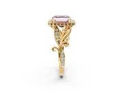Halo Engagement Ring Setting for Fancy Pink Asscher Cut Center with Leaf Motif Split Shank and Prong Head in Yellow Gold