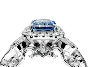 Milgrain Halo Engagement Ring Setting for Fancy Blue Radiant Cut Center with Shoulder Bezels and Prong Head in Platinum