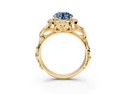 Halo Engagement Ring Setting for Fancy Blue Round Cut Center with Open Scroll Shoulders and Prong Head in Yellow Gold