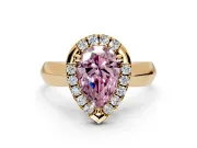 Halo Engagement Ring Setting for Fancy Pink Pear-Shaped Center with Square Band and Prong Head in Yellow Gold