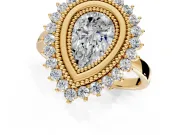 Halo Engagement Ring Setting for Pear-Shaped Center with Milgrain Bezel Rim, Plain Band and Prong Head in Yellow Gold