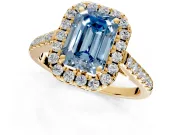 Halo Engagement Ring Setting for Fancy Blue Emerald Cut Center with Raised Halo, Pave Band and Prong Head in Yellow Gold