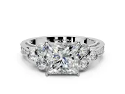 Cluster Engagement Ring Setting for Princess Cut Center with Bezel Accent Clusters and Prong Head in Sterling Silver