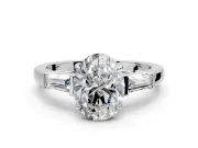 3 Stone Engagement Ring Setting for Oval Center with Baguette Accents and Prong Head in Sterling Silver