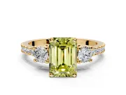 3 Stone Engagement Ring Setting for Fancy Yellow Emerald Cut Center with Round Cut Side Accents and Prong Head in Yellow Gold