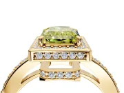 Halo Engagement Ring Setting for Fancy Yellow Radiant Cut Center with Metal-Rimmed Halo, Pave Band and Prong Head in Yellow Gold