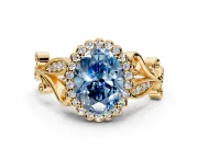 Halo Engagement Ring Setting for Fancy Blue Oval Center with Leaf Motif Split Shank and Prong Head in Yellow Gold