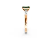 3 Stone Engagement Ring Setting for Fancy Green Emerald Cut Center with Tapered Baguettes, Plain Band and Prong Head in Rose Gold