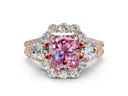 Halo Engagement Ring Setting for Fancy Pink Radiant Cut Center with Two-Strand Split Shank and Prong Head in Rose Gold
