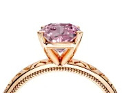 Solitaire Engagement Ring Setting for Fancy Pink Cushion Cut Center with XO Engraved Band and Prong Head in Rose Gold