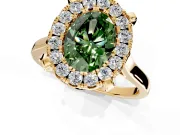 Single Halo Engagement Ring Setting for Fancy Green Oval Center with Corner Claws, Plain Band and Prong Head in Yellow Gold