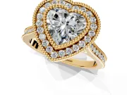 Halo Engagement Ring Setting for Heart-Shaped Center with Milgrain Frame, Pave Band and Prong Head in Yellow Gold