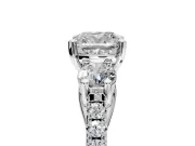 3 Stone Engagement Ring Setting for Cushion Cut Center with Crossover Basket, Pave Band and Prong Head in White Gold