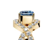 Halo Engagement Ring Setting for Fancy Blue Asscher Cut Center with Pave Infinity Twist Band and Prong Head in Yellow Gold