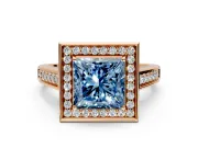 Halo Engagement Ring Setting for Fancy Blue Princess Cut Center with Outer Bezel Rim, Pave Band and Prong Head in Rose Gold