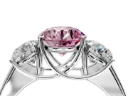 3 Stone Engagement Ring Setting for Fancy Pink Round Cut Center with Raised Basket Heads and Prong Head in Sterling Silver