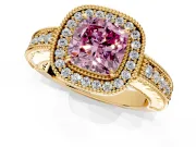 Milgrain Halo Engagement Ring Setting for Fancy Pink Cushion Cut Center with Pave Band and Prong Head in Yellow Gold