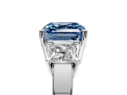 3 Stone Engagement Ring Setting for Fancy Blue Asscher Cut Center with Matching Side Accents and Prong Head in Platinum
