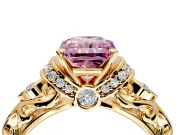 Solitaire Engagement Ring Setting for Fancy Pink Radiant Cut Center with Filigree Band and Prong Head in Yellow Gold
