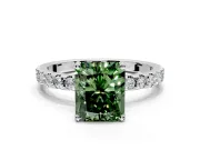 Solitaire Engagement Ring Setting for Fancy Green Radiant Cut Center with Band of Accents and Prong Head in White Gold