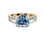 Baguette Engagement Ring Setting for Fancy Blue Heart-Shaped Center with Alternating Bar-Set Band and Prong Head in Yellow Gold
