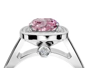 Halo Engagement Ring Setting for Fancy Pink Cushion Cut Center with Outer Bezel Rim, Pave Band and Prong Head in Platinum