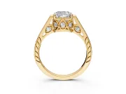 Cathedral Engagement Ring Setting for Cushion Cut Center with Antique-Style Pave Band and Prong Head in Yellow Gold