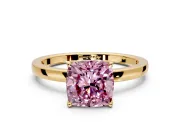 Solitaire Engagement Ring Setting for Fancy Pink Cushion Cut Center with Thin Rounded Plain Band and Prong Head in Yellow Gold