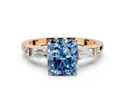 Bar-Set Engagement Ring Setting for Fancy Blue Radiant Cut Center with Tapered Baguette Accents and Prong Head in Rose Gold