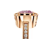 Halo Engagement Ring Setting for Fancy Pink Cushion Cut Center with Milgrain Halo, Pave Band and Prong Head in Rose Gold