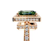 Halo Engagement Ring Setting for Fancy Green Emerald Cut Center with Metal-Rimmed Halo, Pave Band and Prong Head in Rose Gold