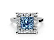 Single Halo Engagement Ring Setting for Fancy Blue Princess Cut Center with Corner Claws, Plain Band and Prong Head in Platinum